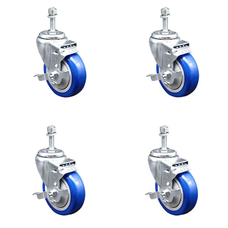 Service Caster 4 Inch SS Blue Polyurethane Swivel 3/8 Inch Threaded Stem Caster Set Brake SCC SCC-SSTS20S414-PPUB-BLU-TLB-381615-4